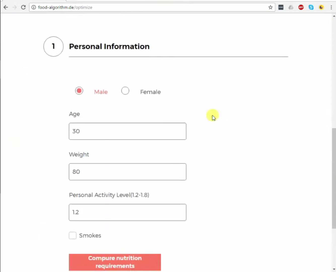 Step 1: Personal Information form — sex, age, weight, activity level