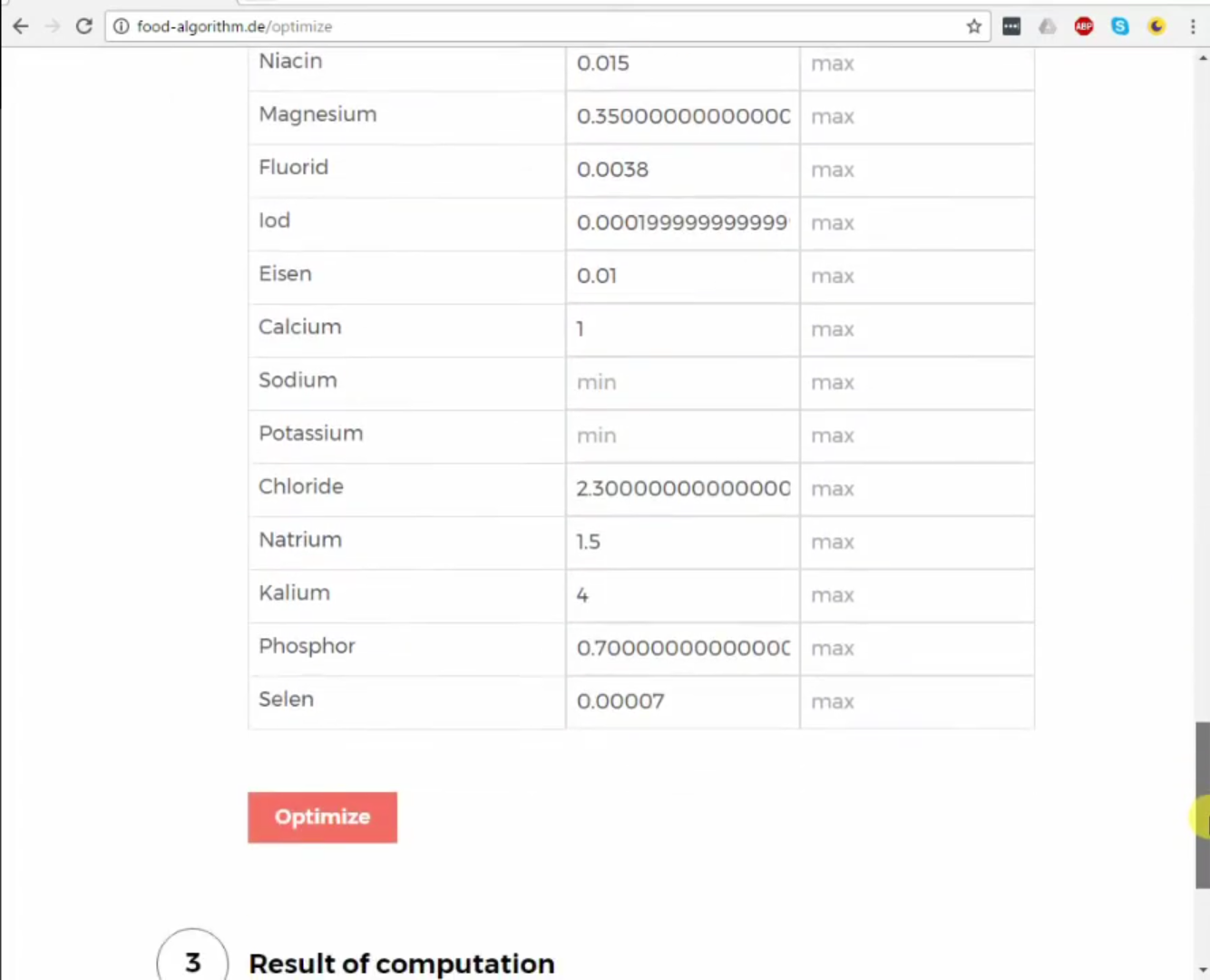 Step 2 continued: mineral targets (Magnesium, Calcium, Sodium, etc.) and Optimize button