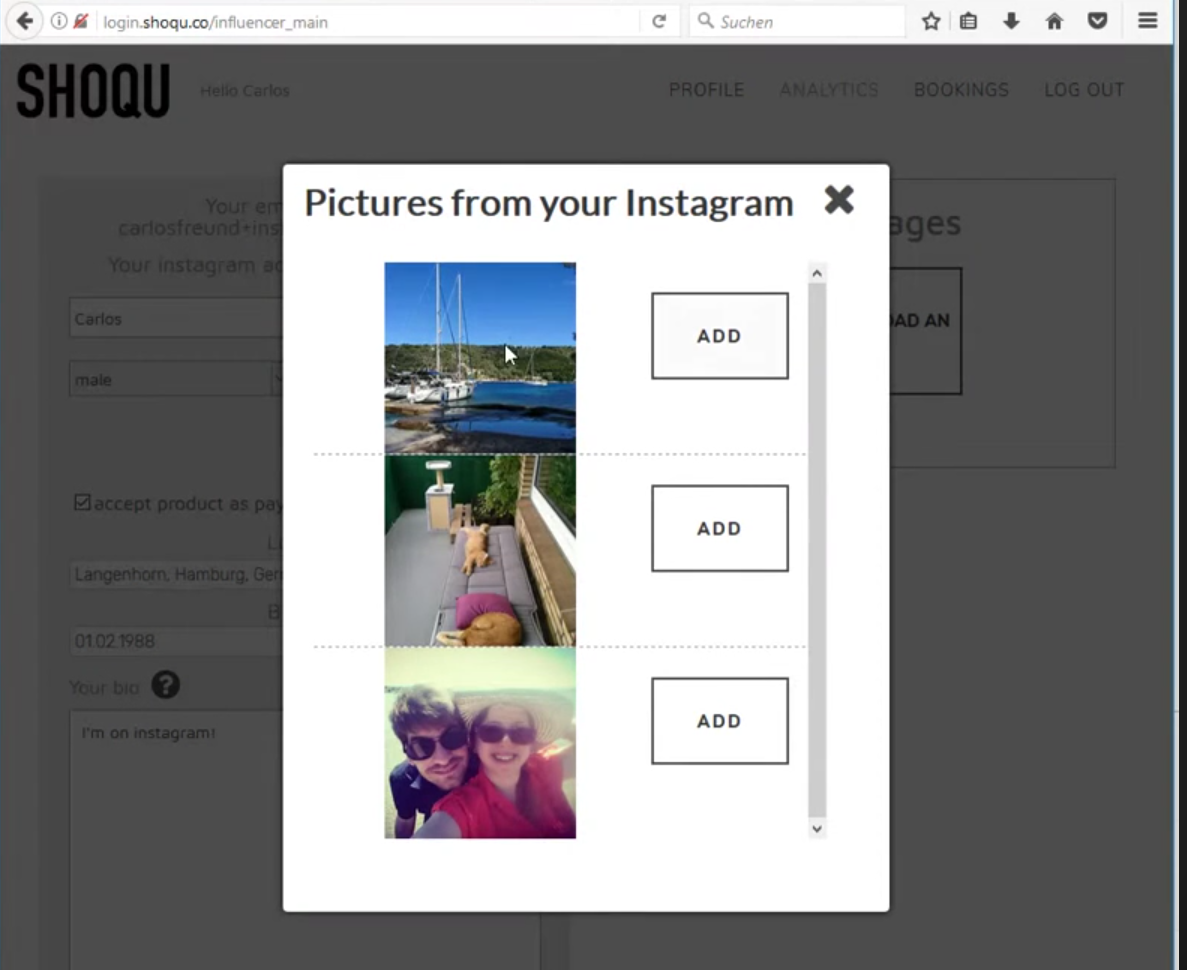 Instagram photo picker letting influencers add posts to their Shoqu profile